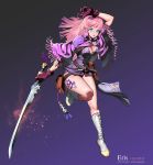  blue_eyes boots breasts cleavage gloves highres kilart leg_lift legs original pink_hair simple_background solo sword weapon 
