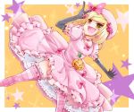  blonde_hair bow breasts dress elbow_gloves fang gloves hair_bow hair_ornament hair_ribbon hairclip hat jewelry lambdadelta necklace nr_fjmr ribbon solo star striped striped_thighhighs thigh-highs umineko_no_naku_koro_ni yellow_eyes 