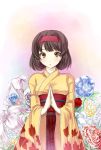  black_hair blush bob_cut brown_eyes commentary erika_(pokemon) flower furisode gin'ichi_(akacia) ginichi gym_leader hairband hakama hands_together japanese_clothes kimono lily_(flower) looking_at_viewer nintendo obi open_mouth peony_(flower) pokemon pokemon_(game) pokemon_gsc short_hair solo wide_sleeves yellow_eyes 