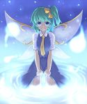  blue_eyes daiyousei dress dress_lift fairy_wings green_hair looking_at_viewer necktie saemon saemon_(tonpura) short_hair side_ponytail smile solo thigh-highs thighhighs touhou wading wet wings 
