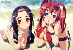  absurdres beach bikini blue_eyes breasts cleavage erect_nipples highres hyakka_ryouran_samurai_girls megami miyazawa_tsutomu multiple_girls red_eyes redhead sanada_yukimura_(hyakka_ryouran) sandals swimsuit water yagyuu_juubei_(hyakka_ryouran) 