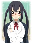  black_hair brown_eyes crossed_arms face glasses ikari_manatsu jacket_on_shoulders k-on! long_hair nakano_azusa nodoka_glasses red-framed_glasses school_uniform semi-rimless_glasses twintails under-rim_glasses 