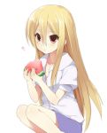  ? afuro_terumi aphrodite_(inazuma_eleven) blonde_hair food fruit holding holding_fruit inazuma_eleven long_hair mayachi_(amuriya) red_eyes simple_background solo squatting watermelon 