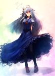  ahoge blue_hair hat hat_removed headwear_removed kamishirasawa_keine long_hair no_hat no_headwear pantyhose pigeon-toed red_eyes solo standing touhou ukyo_rst 
