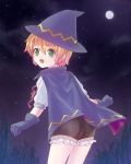  cape gloves green_eyes hat male moon night oginy open_mouth puffy_sleeves ribbon short_hair smile star witch_hat 