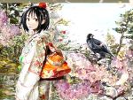   animal bird black_hair flower hat japanese_clothes kuro_kichi petals shameimaru_aya touhou tree  