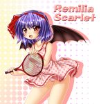  bat_wings blue_hair character_name dress fang kagura_chitose panties polka_dot racket red_eyes remilia_scarlet short_hair solo tennis tennis_racket touhou underwear wings 