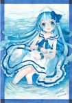  blue_hair bow dress hair_bow ikamusume mosho shinryaku!_ikamusume solo tentacle_hair tentacles water 