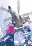  blue_hair bow from_below hair_bow hair_ribbon hat hat_removed headwear_removed helicopter highres holding holding_hat kamov_ka-50 long_hair mittens motion_blur multiple_girls open_mouth original outstretched_arms pink_hair red_eyes ribbon rinz scarf smile snow spread_arms star waving wind 