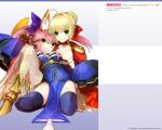  animal_ears blonde_hair breasts caster_(fate/extra) dress fate/extra fate/stay_night fate_(series) fox_ears fox_tail green_eyes hair_ribbon japanese_clothes multiple_girls official_art pink_hair ribbon saber_extra tail thigh-highs thighhighs wada_aruko wallpaper yellow_eyes zettai_ryouiki 