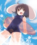  1girl ahoge black_hair brown_eyes bunny_ears carrot dutch_angle highres inaba_tewi one-piece_swimsuit pokachu rabbit_ears school_swimsuit see-through short_hair skin_tight solo swimsuit touhou water 