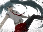  aqua_eyes aqua_hair hatsune_miku konno_rei leg_lift leg_up long_hair navel necktie open_mouth pantyhose skirt solo torn_clothes twintails very_long_hair vocaloid 