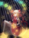  1girl alternate_wings blonde_hair bow cuivre dress flandre_scarlet glowing glowing_wings puffy_sleeves red_dress red_eyes shirt short_sleeves side_ponytail solo star thigh-highs touhou white_background wings wrist_cuffs zettai_ryouiki 