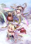 absurdres bee brown_eyes double_bun fairy fantasy food fruit hair_ornament highres insect looking_up multiple_girls original surabou_pictmania white_hair wings 