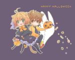  brown_eyes brown_hair candy card_captor_sakura cardcaptor_sakura cat_ears chibi cookie food green_eyes halloween jack-o&#039;-lantern jack-o'-lantern kinomoto_sakura li_xiaolang lollipop necktie pumpkin riding rui_(tsukihana) short_hair thighhighs wand wings 