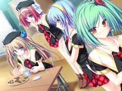  aqua_eyes aqua_hair blonde_hair blue_hair enomoto_yoshika game_cg hat hiiragi_tsukino hisagihara_ui long_hair orange_eyes redhead seifuku suzukaze_no_melt tenmaso tsubaki_nazuna twintails violet_eyes whirlpool yellow_eyes 