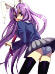  animal_ears ass bad_id black_legwear black_thighhighs bunny_ears long_hair looking_back necktie panties pantyshot purple_hair rabbit_ears reisen_udongein_inaba skirt skirt_flip skirt_lift solo soraruru striped striped_panties thigh-highs thighhighs touhou underwear very_long_hair yui_tooru 