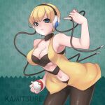  bare_shoulders black_pantyhose blonde_hair blue_eyes breasts character_name choker cleavage gym_leader headphones holding holding_poke_ball kamitsure_(pokemon) large_breasts midriff navel pantyhose poke_ball pokemon pokemon_(game) pokemon_black_and_white pokemon_bw rocb short_hair solo 