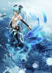  aqua_eyes aqua_hair barefoot center_opening elbow_gloves fingerless_gloves fish gloves hatsune_miku hatsune_miku_(append) highres ilmkilt long_hair microphone microphone_stand miku_append navel necktie smile solo toeless_socks twintails very_long_hair vocaloid vocaloid_append water 