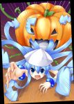  blue_hair bracelet fijimoto_akio fujimoto_akio halloween hat ikamusume jack-o&#039;-lantern jack-o'-lantern jewelry long_hair pumpkin shinryaku!_ikamusume solo tentacle_hair tentacles 