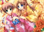  absurdres bow brown_hair flower hair_bow highres japanese_clothes mikeou multiple_girls short_twintails twintails 