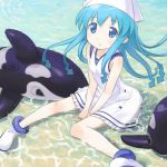  blue_hair buntan dress hat ikamusume inflatable_dolphin inflatable_toy inflatable_whale long_hair orca shinryaku!_ikamusume sitting solo tentacle_hair v_arms water 