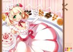  blush breasts cake character_request cleavage detached_sleeves dress food fruit green_eyes kayou_(artist) large_breasts open_mouth original solo strawberry 