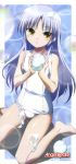  angel_beats! bubble highres kneeling long_hair long_image miyashita_yuuji official_art one-piece_swimsuit school_swimsuit silver_hair solo stick_poster suds swimsuit tall_image tachibana_kanade white_school_swimsuit yellow_eyes 