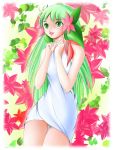  flower green_eyes green_hair hair_flower hair_ornament highres leaf long_hair miharin personification pokemon ribbon shaymin smile 