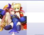  2girls animal_ears armor blonde_hair boots breasts caster_(fate/extra) dress epaulettes fate/extra fate/stay_night fate_(series) fox_ears fox_tail green_eyes hair_ribbon japanese_clothes long_hair pink_hair red_dress ribbon saber_extra see-through short_hair twintails wada_aruko yellow_eyes 