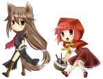  akai_ringo animal_ears basket blush blush_stickers boots brown_eyes brown_hair flat_chest knife long_hair miyo_(scarlet) multiple_girls ookami-san ookami_ryouko red_eyes red_hair redhead smile sweat tail weapon 