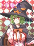  2girls breasts bust candy cape green_hair halloween hat kazami_yuuka large_breasts lollipop multiple_girls plaid_vest red_eyes short_hair smile solo swirl_lollipop toobane touhou trick_or_treat witch_hat 
