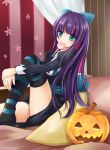  candy green_eyes hair_ribbon halloween long_hair multicolored_hair nikoo panty_&amp;_stocking_with_garterbelt pillow pumpkin ribbon sitting solo stocking_(character) stocking_(psg) striped striped_legwear striped_thighhighs thigh-highs thighhighs two-tone_hair 