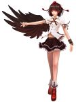  black_wings brown_hair hat highres modama navel outstretched_arm red_eyes shameimaru_aya short_hair single_wing solo standing touhou wings wristband 