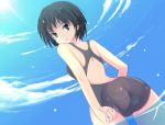  1girl adjusting_clothes adjusting_swimsuit amagami ass bad_id black_eyes black_hair competition_swimsuit fisheye from_below lens_flare looking_back nanasaki_ai okome_(minagisama) one-piece_swimsuit short_hair solo swimsuit wet 