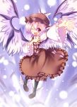  cicin dress earrings hat highres jewelry mystia_lorelei open_mouth pink_hair purple_eyes short_hair solo touhou violet_eyes winged_shoes wink 