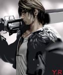  brown_hair dissidia_final_fantasy earrings final_fantasy final_fantasy_viii gloves gunblade jacket jewelry male necklace short_hair solo squall_leonhart weapon 