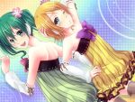  arm_up arm_warmers bad_id blush bow colorful_x_melody_(vocaloid) earmuffs flower green_eyes green_hair hand_on_hip hatsune_miku kagamine_rin looking_back multiple_girls project_diva project_diva_2nd short_hair siempre thigh-highs thighhighs twintails vocaloid wink 