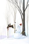  bucket highres hirokiku jumping kicking long_hair original ponytail scarf school_uniform serafuku snow snowman solo tree winter 