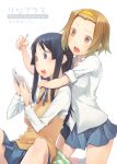  akiyama_mio black_eyes black_hair blush brown_eyes brown_hair hairband hug hug_from_behind k-on! long_hair love_plus multiple_girls nintendo_ds open_mouth ribbon school_uniform short_hair skirt sleeves_rolled_up socks tainaka_ritsu toruneko vest 