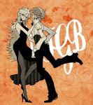  1girl bare_shoulders brief brief_(psg) couple dancing dress formal hand_on_hip high_heels long_hair monochrome orange_(color) panty_&amp;_stocking_with_garterbelt panty_(character) panty_(psg) pantyhose sachiko_(omame) shoes short_hair 
