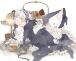  boots cake chin_rest food frills fruit grin hairband high_heels highres kiwifruit lips lolita_headband long_hair moruga pink_eyes pocket_watch rozen_maiden shoe_dangle shoes silver_hair single_shoe smile strawberry suigintou thighhigh_dangle watch wings 