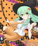  broom detached_sleeves green_hair hair_ornament halloween hat highres jack-o&#039;-lantern jack-o'-lantern kochiya_hiduki kochiya_hizuki kochiya_sanae long_hair pumpkin snake solo striped touhou witch_hat yellow_eyes 