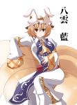  be_(o-hoho) blonde_hair breasts brown_eyes character_name fox_tail hat large_breasts long_sleeves multiple_tails sitting smile solo tail touhou yakumo_ran 