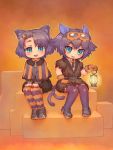  animal_ears cat_ears cat_tail gloves halloween multiple_girls orange_legwear original pantyhose purple_legwear sankuma striped striped_legwear striped_pantyhose tail thigh-highs thighhighs 