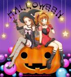  ariga_nao boots candy elbow_gloves fishnet_legwear fishnet_stockings fishnets gloves halloween hat idolmaster lollipop minase_iori pumpkin smile star takatsuki_yayoi thigh-highs thighhighs tongue v witch_hat 