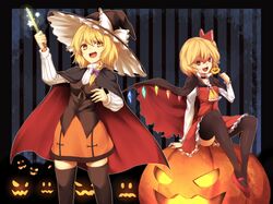  alternate_costume black_legwear black_thighhighs blonde_hair braid candy cape flandre_scarlet halloween hat jack-o&#039;-lantern jack-o'-lantern kirisame_marisa lollipop multiple_girls ponytail pumpkin red_eyes short_hair side_ponytail thigh-highs thighhighs touhou tsuchifumazu wand wings witch_hat yellow_eyes 