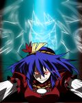  breasts glowing glowing_eyes grin hair_ornament kasukazu large_breasts mirror parody purple_hair red_eyes rope sharp_teeth smile solo tengen_toppa_gurren_lagann touhou yasaka_kanako 