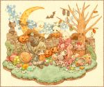  black_cat candle candy cat crescent_moon ghost halloween harukage jack-o&#039;-lantern jack-o'-lantern moon original pumpkin star traditional_media tree watercolor_(medium) 