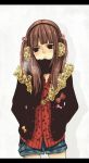  1girl bad_id black_eyes brown_hair casual coat earmuffs hair_bobbles hair_ornament hands_in_pockets hinazawa_kirie long_hair scarf shorts solo twintails umineko_no_naku_koro_ni ushiromiya_ange 